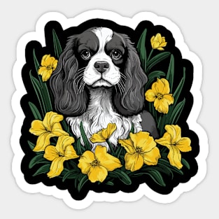 King Charles Spaniel with daffodils illustration Sticker